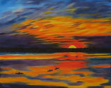 original oil painting, brilliant sunset, kayakers on water at last light, unframed