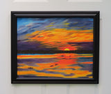 original oil painting, brilliant sunset, kayakers on water at last light, framed