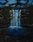 original oil painting, clouds, waterfalls and pool , cliffs at night, unframed