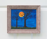 original acrylic painting, harvest moon, trees, framed