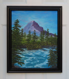 original oil painting, mountain, rushing river, evergreens, framed