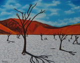 original oil painting, bright colors, red mountains, white salt flats, blue skies, unframed
