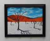 original oil painting, bright colors, red mountains, white salt flats, blue skies, framed