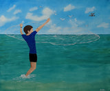 original oil painting beautiful ocean colors, boy net fishing, seagulls and pelican interested, unframed