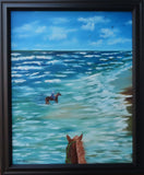 original oil painting of horseback riders in the ocean, framed