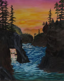 original oil painting, rugged coastline, ocean, lovely sunset and reflection, unframed