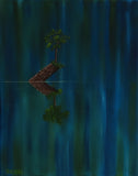 original oil painting of tiny tree on a log in the river, inspiring in lovely colors, unframed