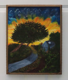 Original oil painting on board in ornate frame, trees highlighted by bright setting sun in Cali