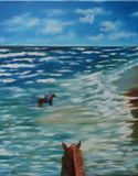 original oil painting of horseback riders in the ocean, unframed