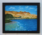 original oil painting of contrasting desert sands meeting the ocean, framed