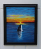 original ol painting, orca whale, sunset, framed