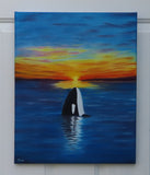 original ol painting, orca whale, sunset, unframed