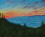 original oil painting, pastel sunrise over Smoky Mountains with clouds in the valley, unframed