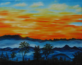 original oil painting, brilliant sunrise over misty mountains and trees, unframed