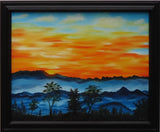 original oil painting, brilliant sunrise over misty mountains and trees, framed