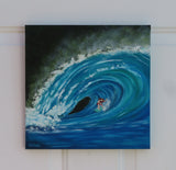 original oil painting of surfer in the curl of a huge wave