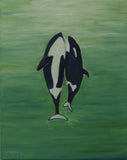 original oil painting, two orca whales  seem to dance to the surface of the ocean, unframed