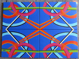 original abstract oil painting, 4 canvases complete the brightly colored geometric design, in an alternate arrangement, unframed