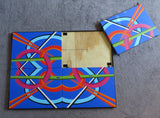 original abstract oil painting, 4 canvases complete the brightly colored geometric design, in a black surround frame, the canvases are easily removed and reassembled