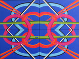 original abstract oil painting, 4 canvases complete the brightly colored geometric design, in a black surround frame