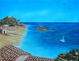 Original Oil Painting, mixed media, villas on beach, saiboat, unframed
