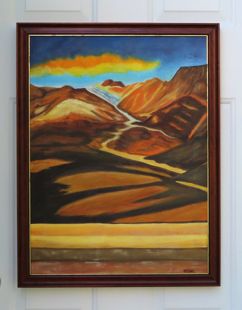 original oil painting of colorful mountains and plains with colorful clouds in sky framed in complementary wood frame