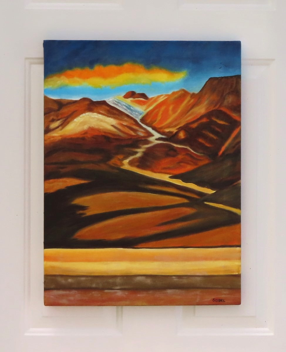 original oil painting of colorful mountains and plains with colorful clouds in sky unframed