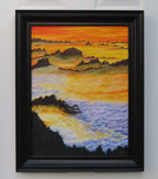 18" wide x 24"tall original oil painting of brilliant sunset sky with mountains rising out of layers of clouds, framed in modern black frame