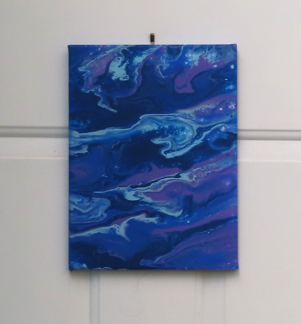 original abstract acrylic poured painting of an alien landscape in rich blues, purples and white accents, 9x12