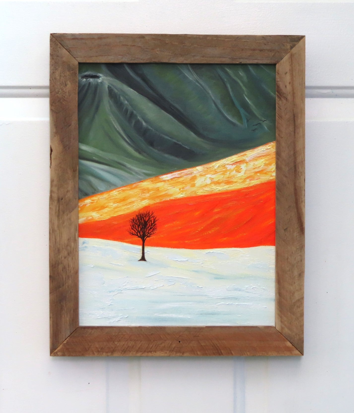 original acrylic painting, impasto, handmade wood frame, lone tree in colorful desert