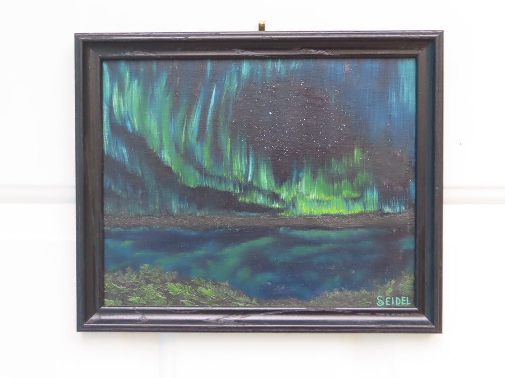 original oil painting of aurora borealis, reflected in lake