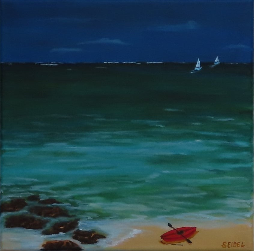 saiboats on ocean kayak on beach, storm has passed, original acrylic painting