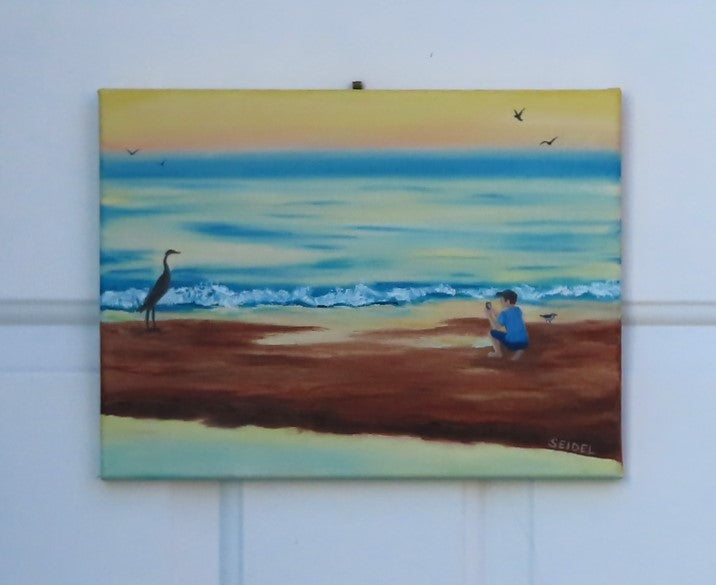 9x12 original oil painting, crane by the seashore pastel sky and reflections on the ocean