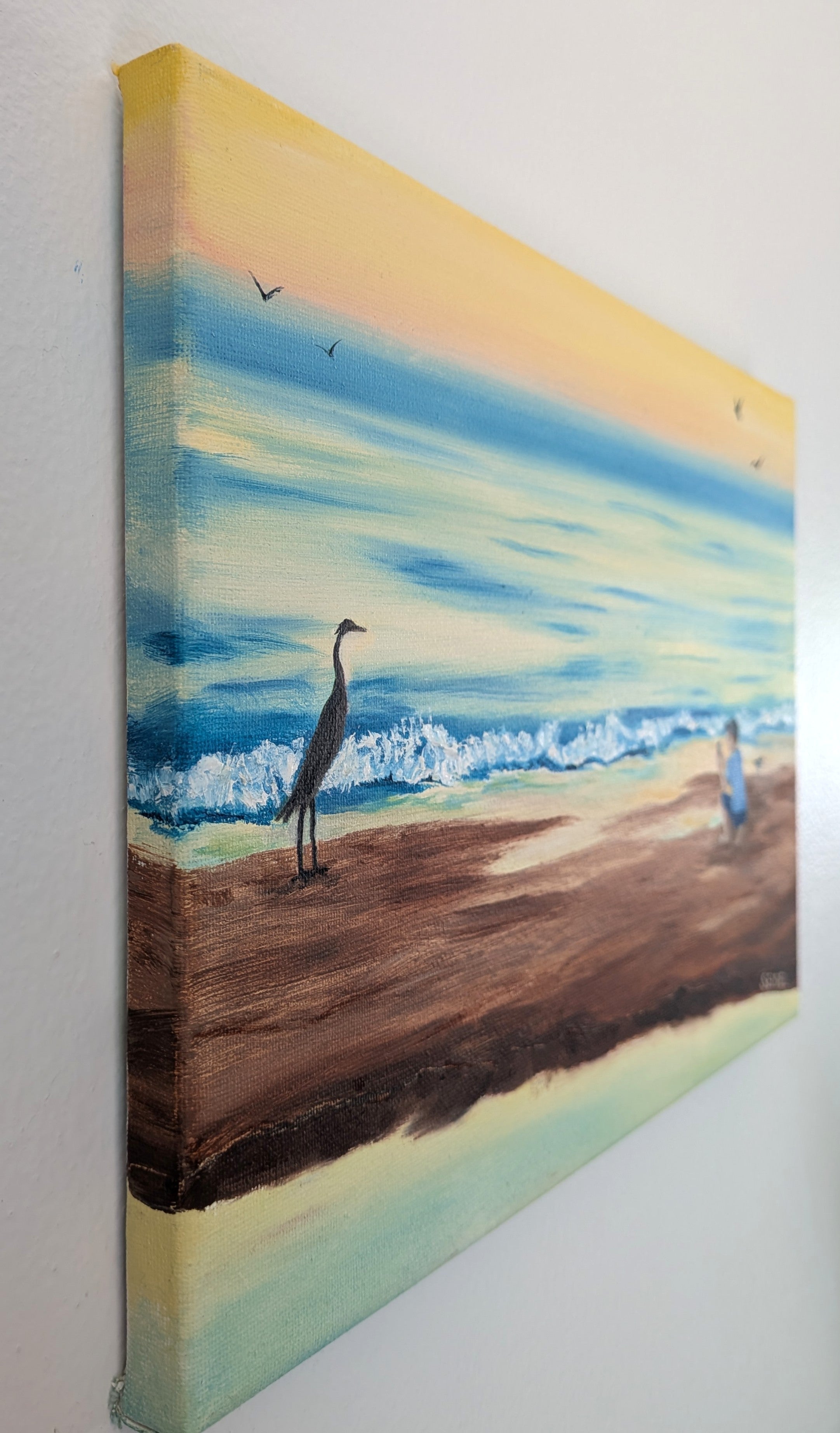 9x12 original oil painting, crane by the seashore pastel sky and reflections on the ocean, unframed, showing painted left side