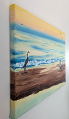 9x12 original oil painting, crane by the seashore pastel sky and reflections on the ocean, unframed, showing painted left side