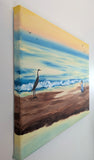 9x12 original oil painting, crane by the seashore pastel sky and reflections on the ocean, unframed, showing painted left side