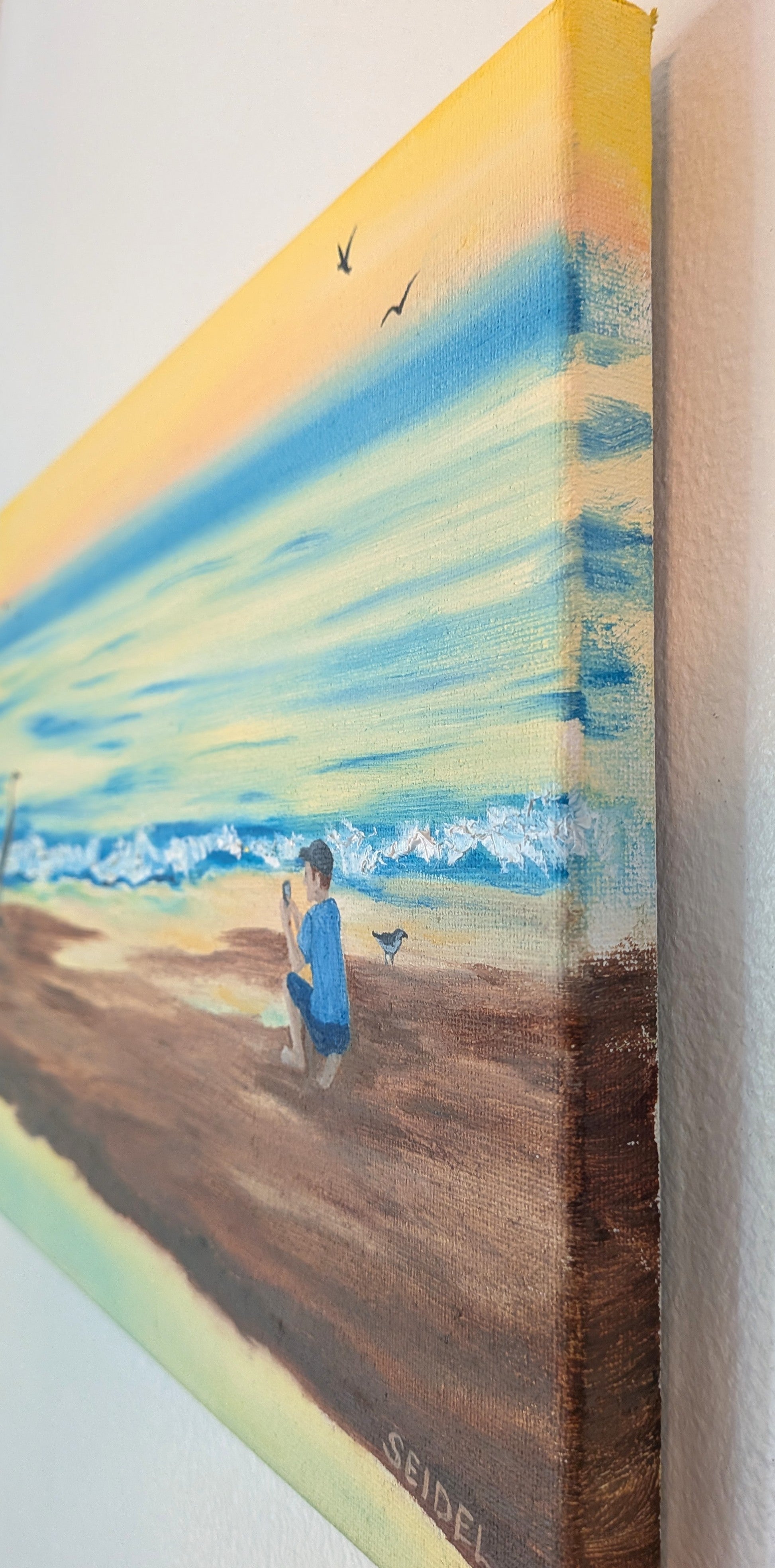 9x12 original oil painting, crane by the seashore pastel sky and reflections on the ocean, unframed, showing painted right side