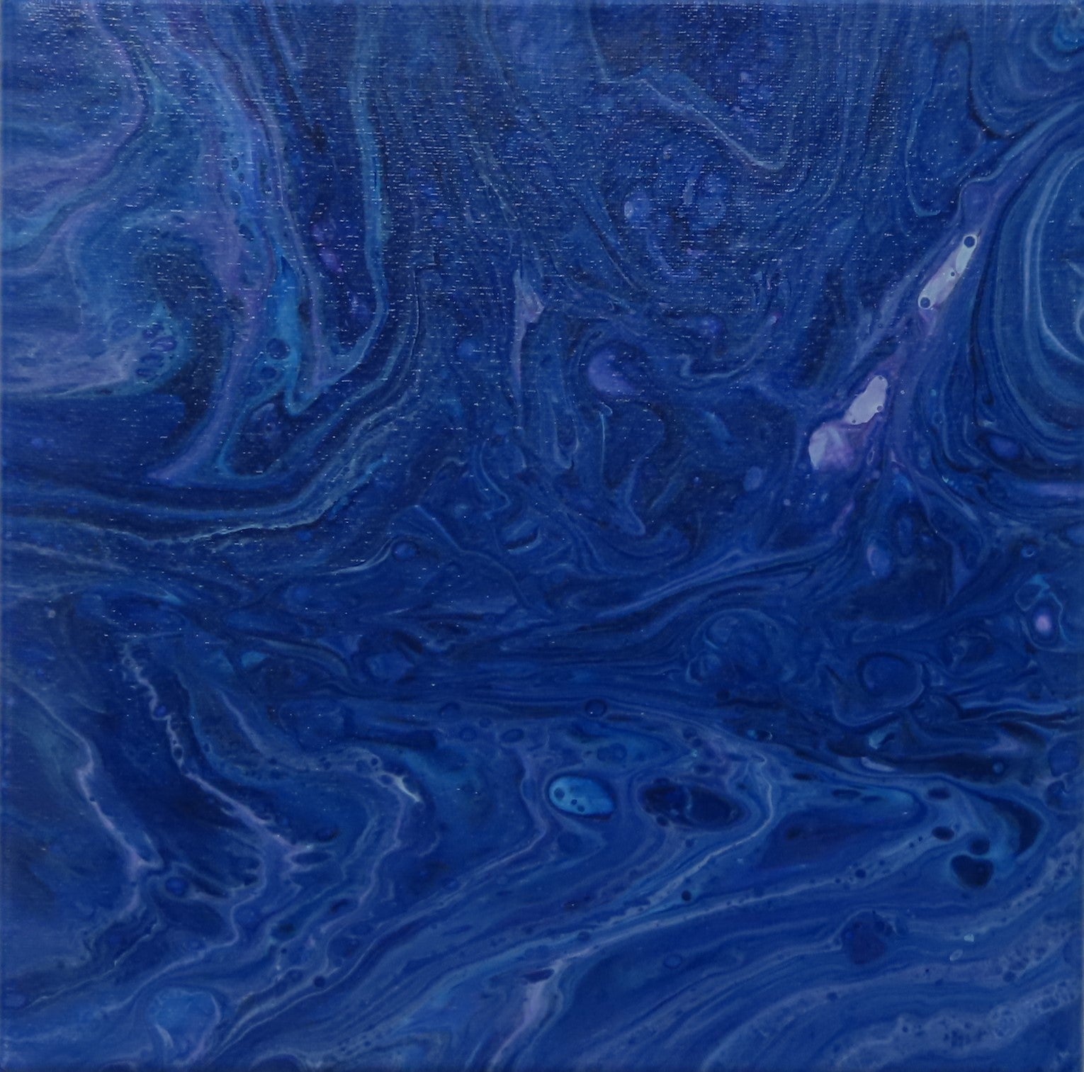 abstract acrylic liquid art on 12x12" canvas, rich blues, purples and white accents, hang in various orientations