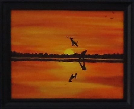 original acrylic painting dog and man playing catch at sunset by the lake