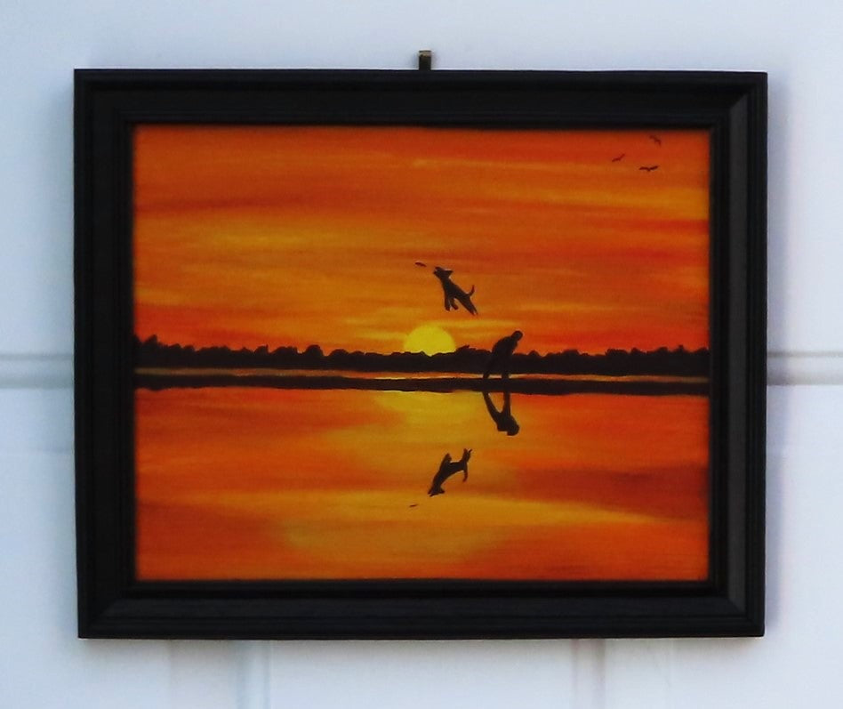 original acrylic painting dog and man playing catch at sunset by the lake