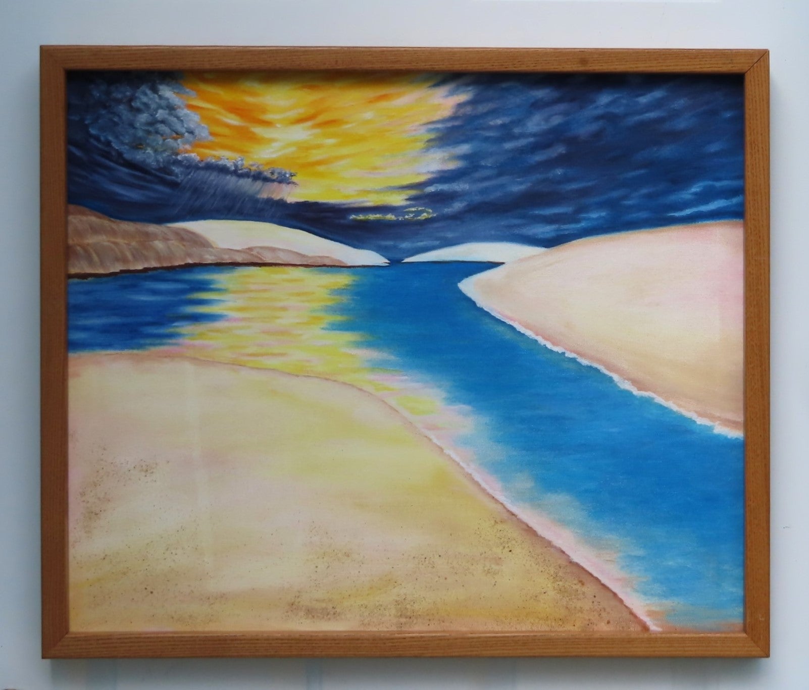 original oil painting 20x24, sunset over sand dunes and river, approaching thunderstorm