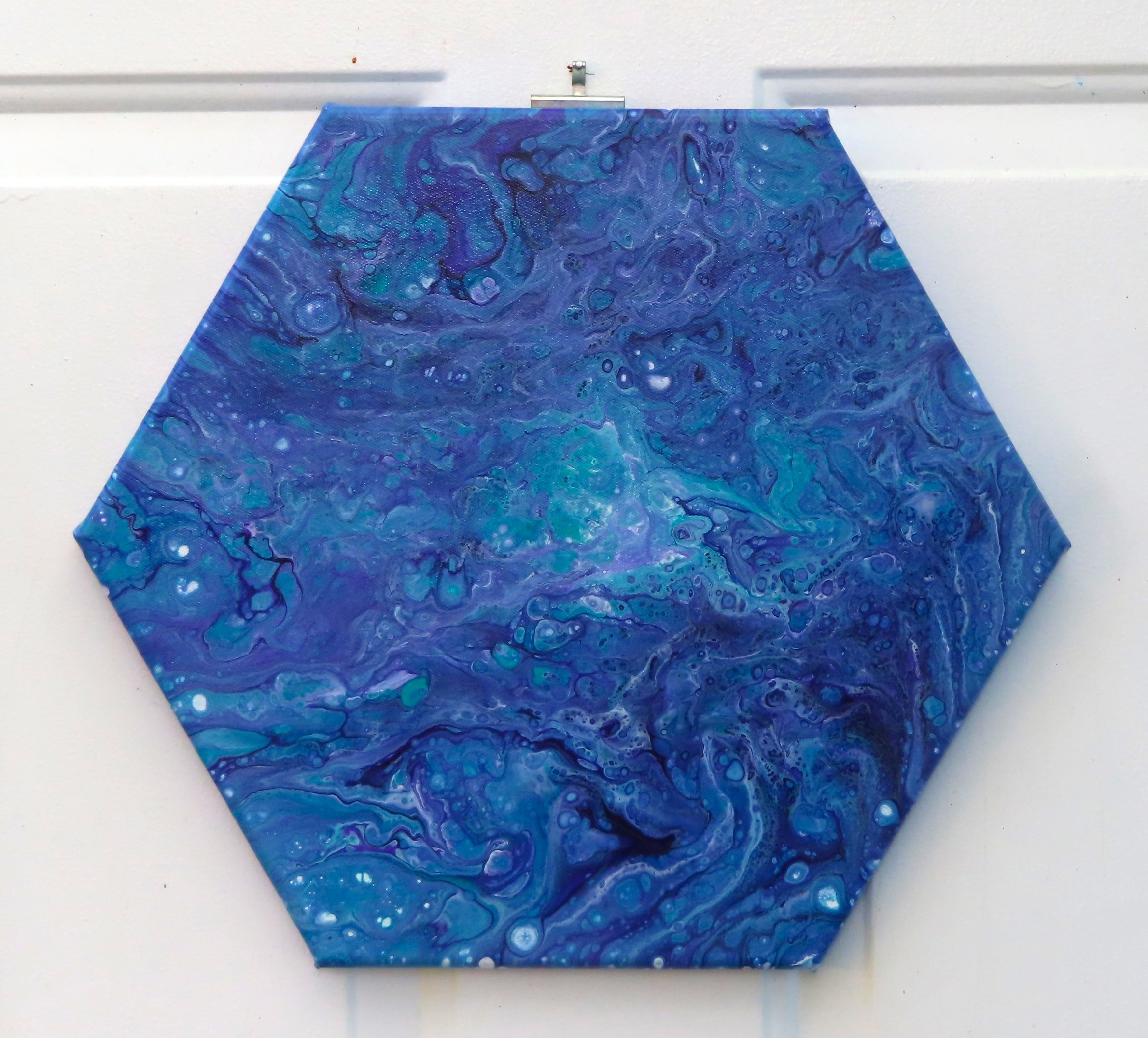 original acrylic abstract liquid art, blues, purples, white on hexagonal canvas