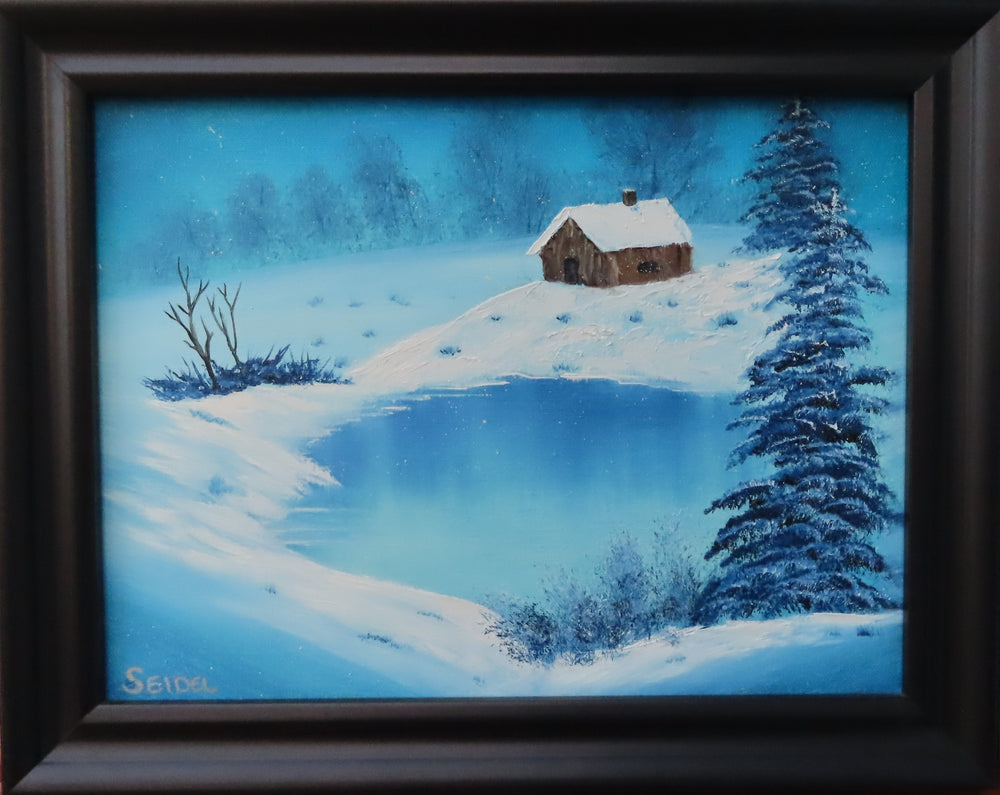 Original oil painting, snow, lake, cabin, framed