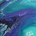 abstract liquid acrylic paint on 12x12" canvas, blues, greens and purples mix and flow in endless movement, can display in various directions