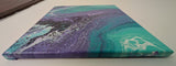 abstract liquid acrylic paint on 12x12" canvas, blues, greens and purples mix and flow in endless movement, can display in various directions, top side