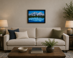 original oil painting, mountains in Denali, reflected in water, framed in black, displayed over sofa