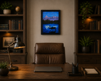 original oil painting, mountains in Denali, reflected in water, framed in black, displayed behind office desk