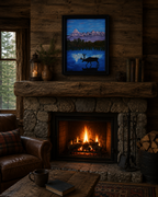 original oil painting, mountains in Denali, reflected in water, framed in black, displayed over fireplace