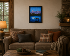 original oil painting, mountains in Denali, reflected in water, framed in black, displayed oversofa