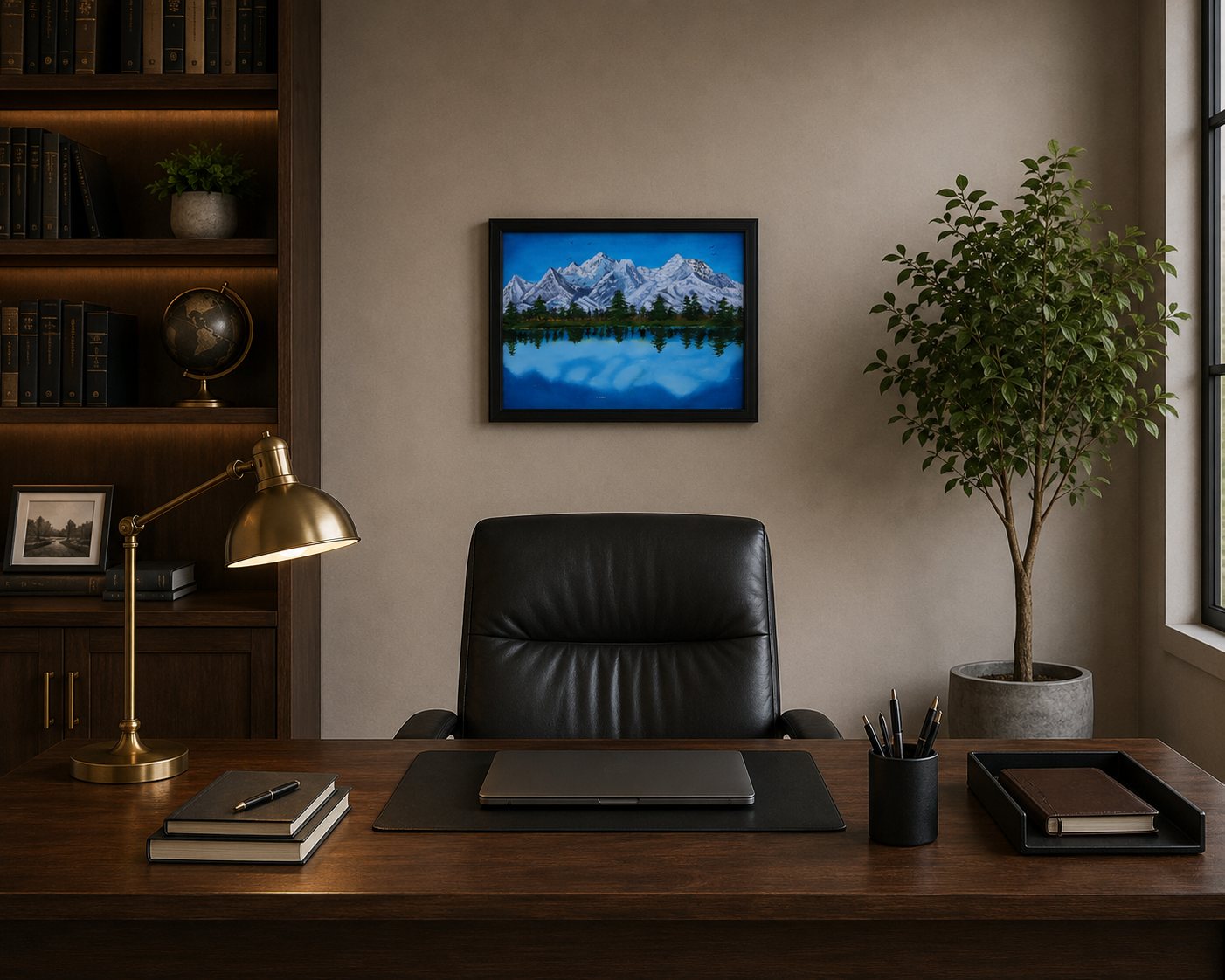 original oil painting, mountains in Denali, reflected in water, framed in black, displayed behind office desk